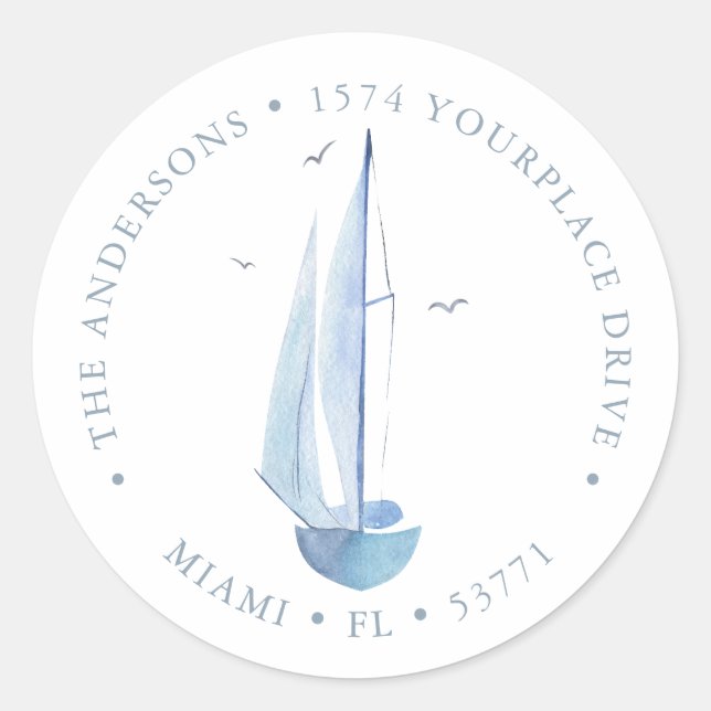 Aquarelle Sailboat Baby Shower Ahoy Boy's Address Classic Round Sticker (Front)