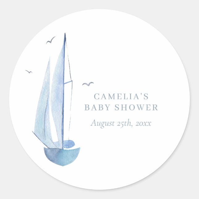 Aquarelle Sailboat Baby Shower Ahoy Boy's  Classic Round Sticker (Front)