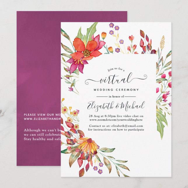 Aquarelle Wild Flower Online Virtual Wedding Invitation (Front/Back)