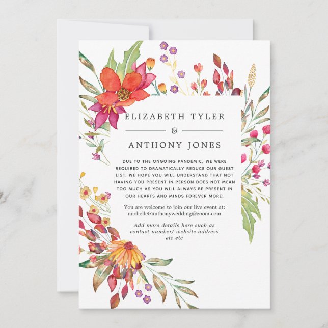 Aquarelle Wild Flower Wedding Reduced Guest List Announcement (Front)