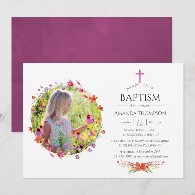 Aquarelle Wildflower Baptism or Christening Invitation (Front/Back)