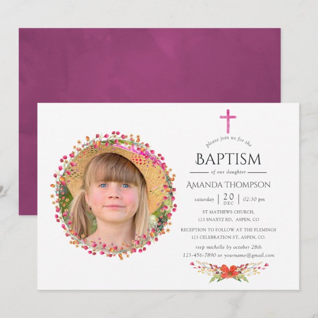 Aquarelle Wildflower Baptism or Christening Invitation (Front/Back)
