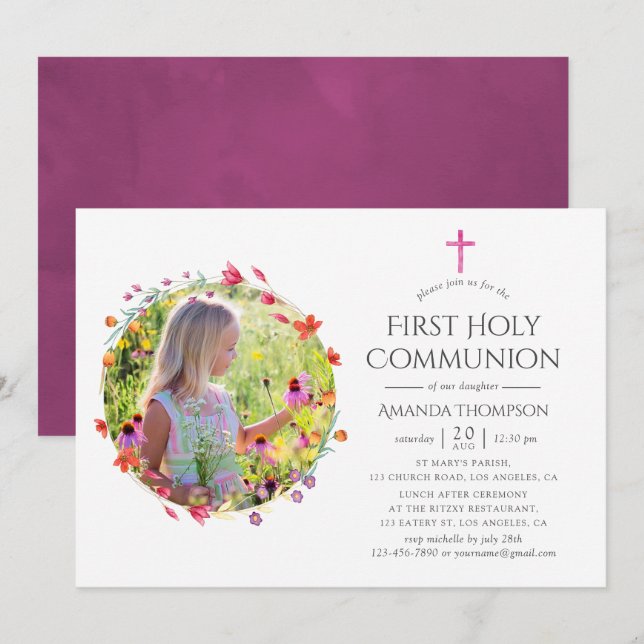 Aquarelle Wildflower Baptism or Christening Invitation (Front/Back)