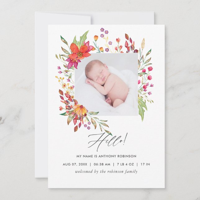 Aquarelle Wildflower Birth Announcement Photo Card (Front)