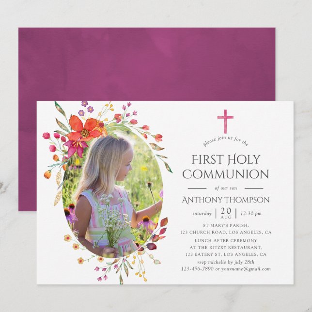 Aquarelle Wildflower First Holy Communion Invitation (Front/Back)