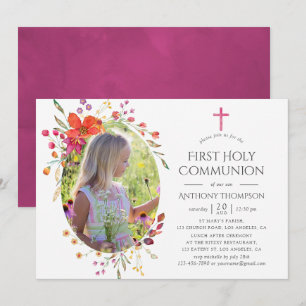 Aquarelle Wildflower First Holy Communion Invitation