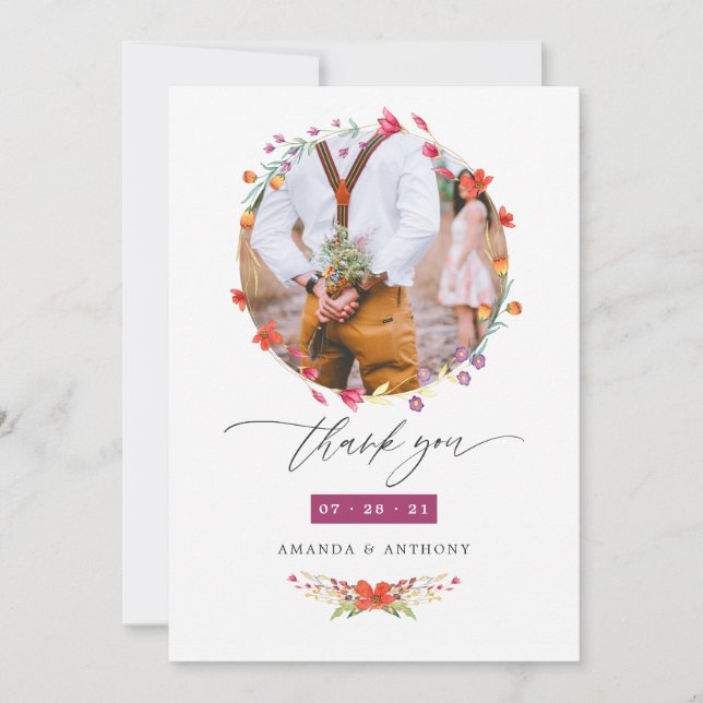 Aquarelle Wildflower Photo Wedding Photo Thank You Card (Front)
