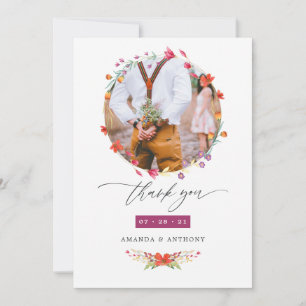 Aquarelle Wildflower Photo Wedding Photo Thank You Card