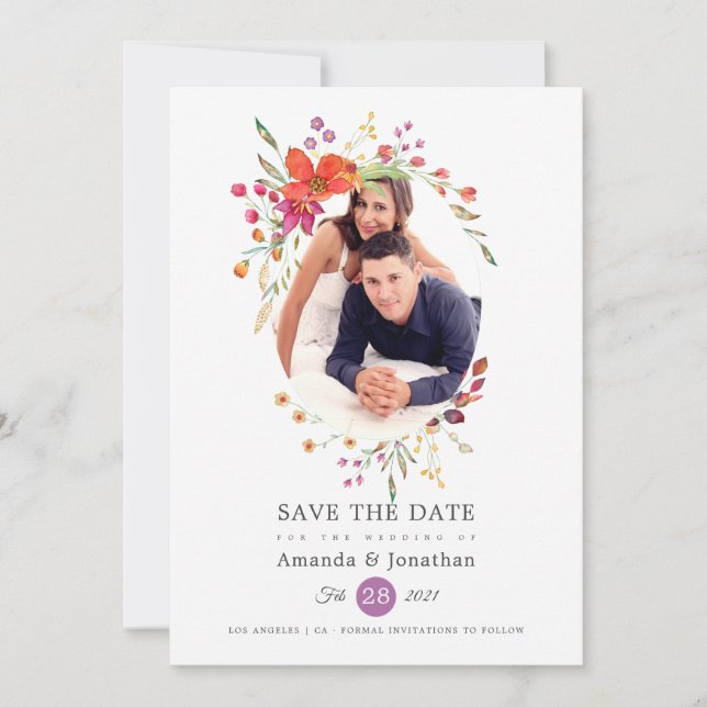 Aquarelle Wildflower Photo Wedding Save The Date (Front)