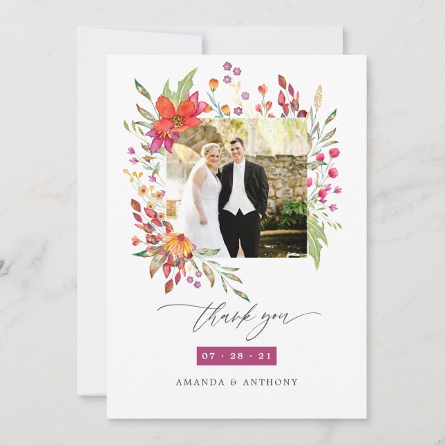 Aquarelle Wildflower Wedding Photo Collage Thank You Card (Front)