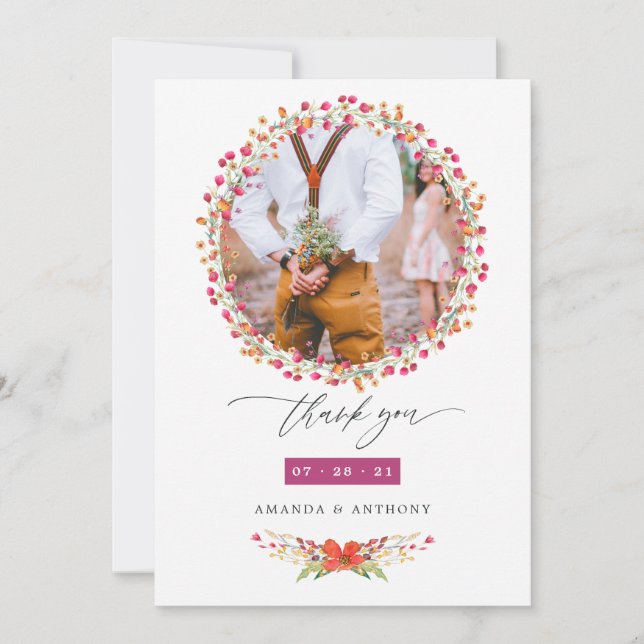 Aquarelle Wildflower Wedding Photo Thank You Card (Front)