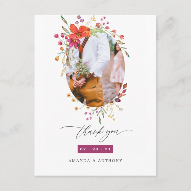 Aquarelle Wildflower Wedding Photo Thank You Postcard (Front)