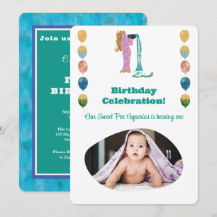Aquarius 1st Birthday Photo Impressionist Gold Invitation