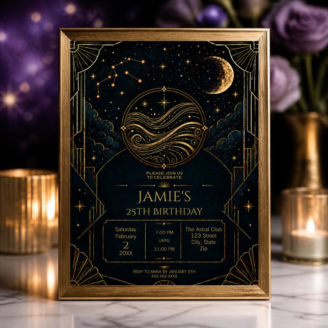 Aquarius 25th Birthday Invitation Celestial Zodiac (Elegant Aquarius 25th birthday invitation with celestial zodiac stars, moon and gold Art Deco style.)