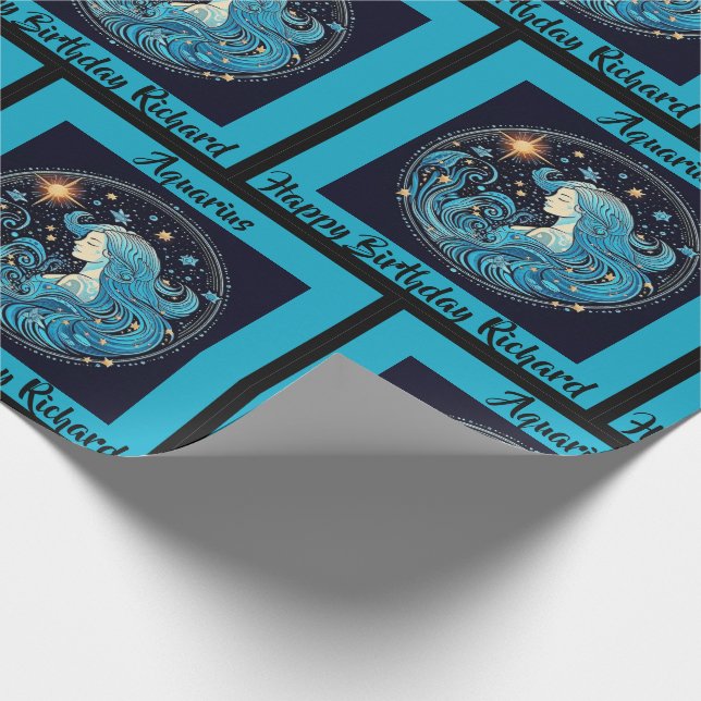 Aquarius Add Name Birthday Zodiac Gift Wrapping Paper (Corner)