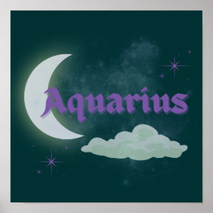 Aquarius Celestial Moon Cloud Stars Astrology Art Poster