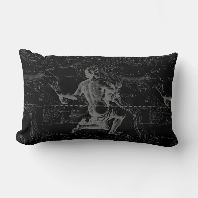 Aquarius Constellation Hevelius 1690 on Black Lumbar Cushion (Front)
