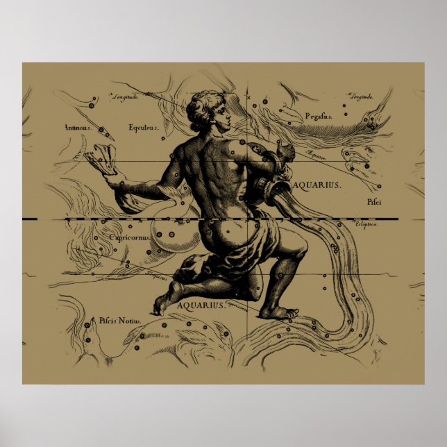 Aquarius Constellation Map Hevelius 1690 on Taupe Poster (Front)