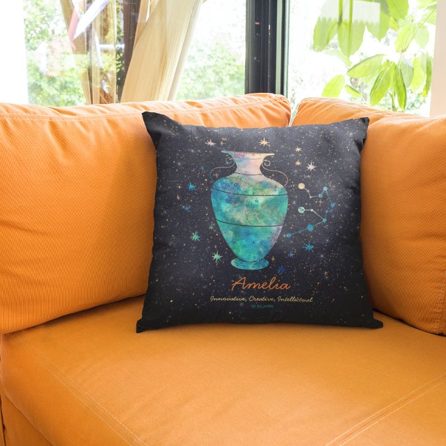 Aquarius Constellation Zodiac Watercolor Galaxy Cushion (Front and Back)