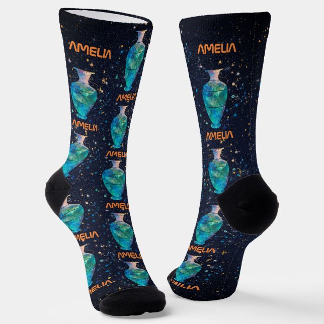 Aquarius Constellation Zodiac Watercolor Galaxy Socks (Angled)