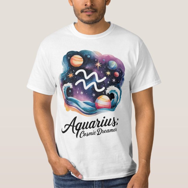 Aquarius Cosmic Dreamer Watercolor Zodiac Sign T-Shirt (Front)