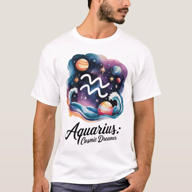 Aquarius Cosmic Dreamer Watercolor Zodiac Sign T-Shirt (Front)