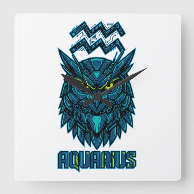 AQUARIUS CYBER OWL FUTURISTIC VECTOR SQUARE WALL CLOCK (Front)