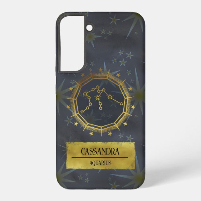 Aquarius Dark Zodiac Astrology: Black & Gold Samsung Galaxy S22+ Case (Back)