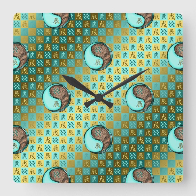 Aquarius & Earth Dragon Square Wall Clock (Front)