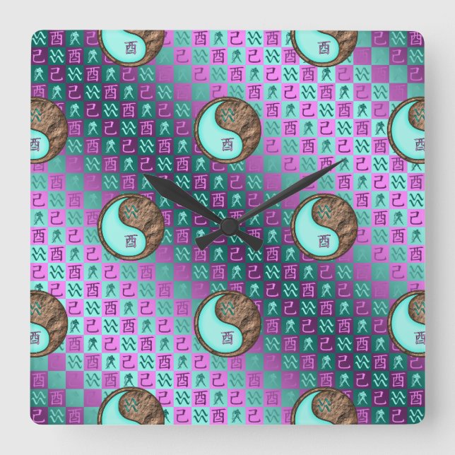 Aquarius & Earth Rooster Square Wall Clock (Front)