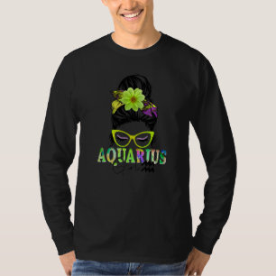 Aquarius Girl Birthday Messy Bun Hair Colourful Fl T-Shirt
