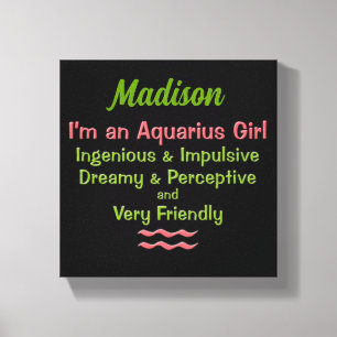 Aquarius Girl Pink and Green with Name Canvas Print