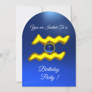 AQUARIUS Gold Aqua Blue Zodiac Birthday Party Invitation