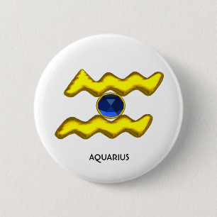 AQUARIUS /GOLD ZODIAC BIRTHDAY JEWEL 6 CM ROUND BADGE