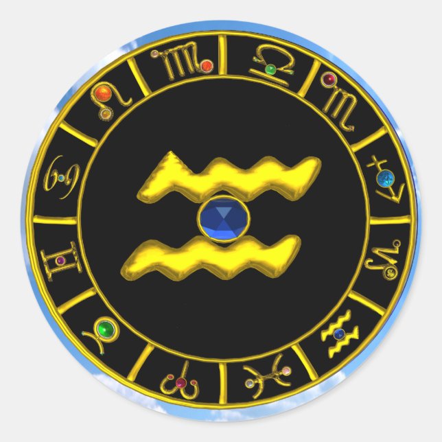 AQUARIUS /GOLD ZODIAC BIRTHDAY JEWEL CLASSIC ROUND STICKER (Front)