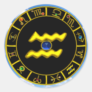 AQUARIUS /GOLD ZODIAC BIRTHDAY JEWEL CLASSIC ROUND STICKER