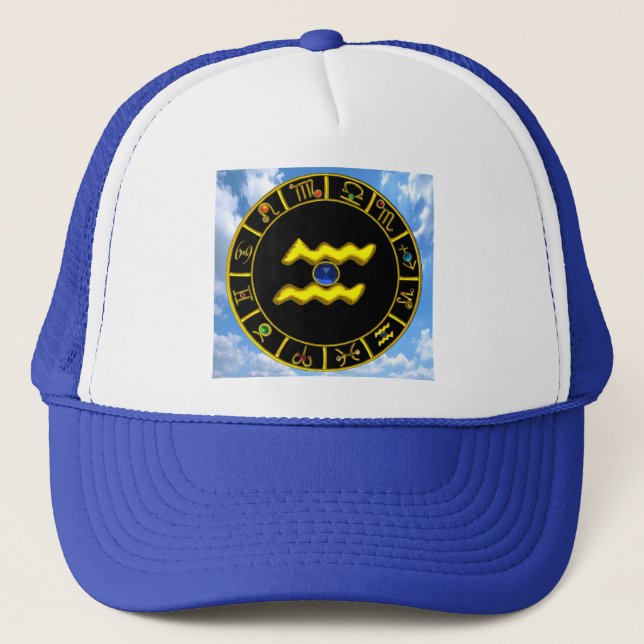 AQUARIUS /GOLD ZODIAC BIRTHDAY JEWEL TRUCKER HAT (Front)