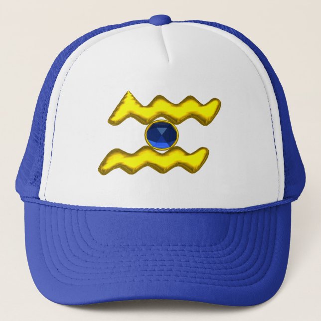 AQUARIUS /GOLD ZODIAC BIRTHDAY JEWEL TRUCKER HAT (Front)