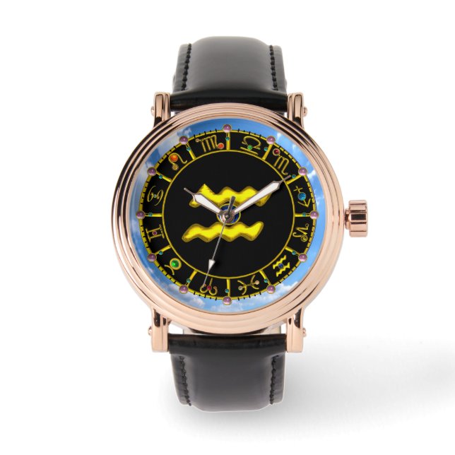 AQUARIUS GOLD ZODIAC BIRTHDAY JEWEL WATCH (Front)