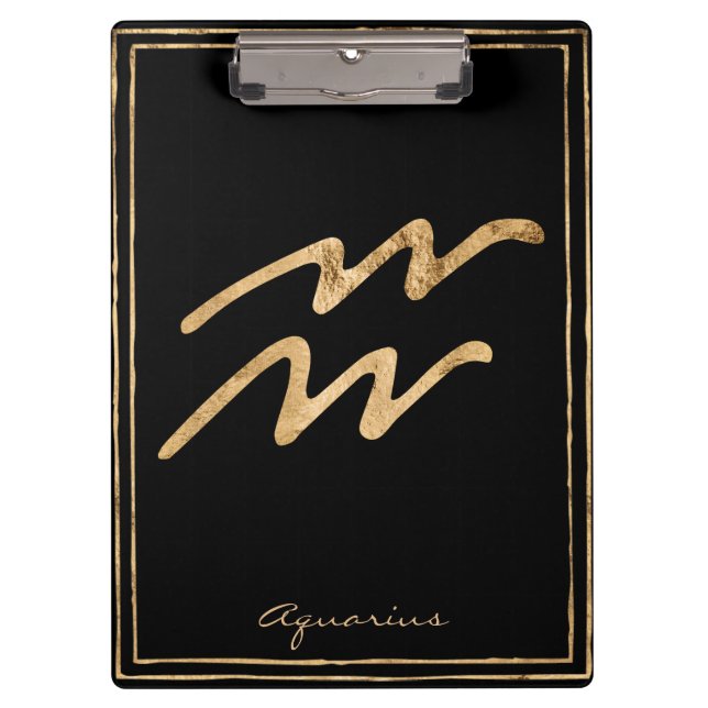 Aquarius hammered gold stylised astrology symbol clipboard (Front)