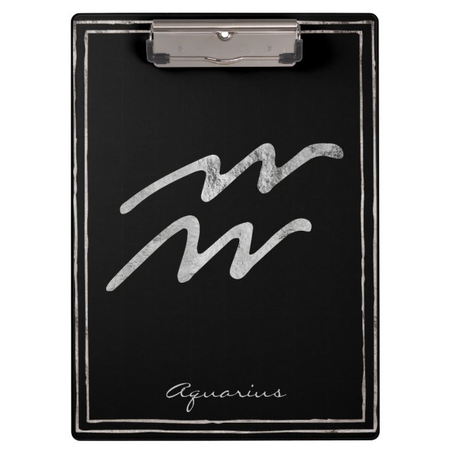 Aquarius hammered silver stylised astrology symbol clipboard (Front)