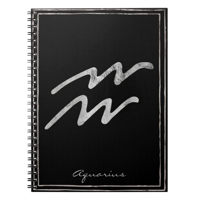 Aquarius hammered silver stylized astrology symbol notebook (Front)