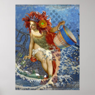 Aquarius Mermaid Collage Gothic Woman Whimsical Poster