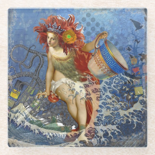 Aquarius Mermaid Gothic Blue Art Glass Coaster (Front)
