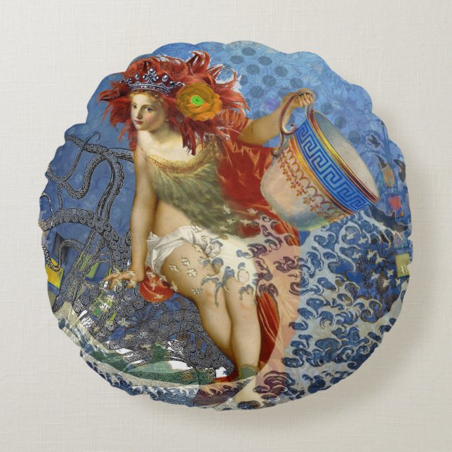 Aquarius Mermaid Gothic Blue Art Round Cushion (Front)