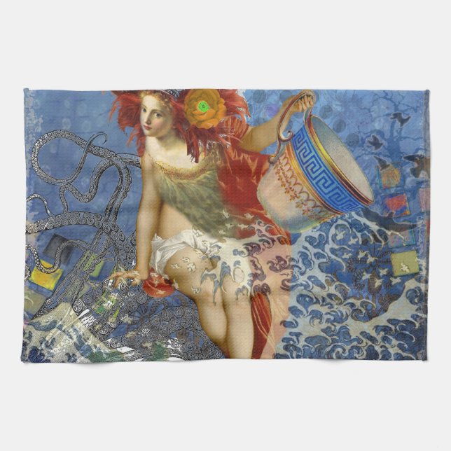 Aquarius Mermaid Gothic Blue Art Tea Towel (Horizontal)