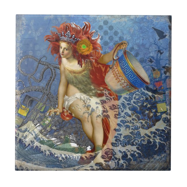 Aquarius Mermaid Gothic Blue Art Tile (Front)