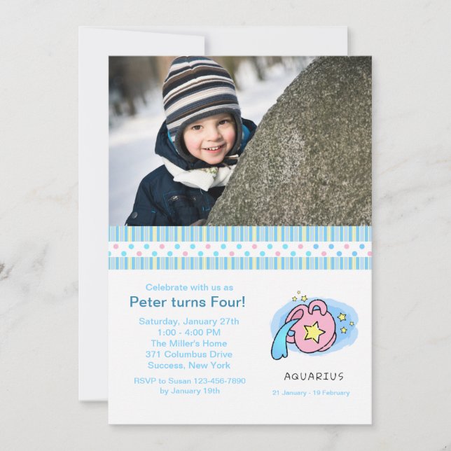 Aquarius Photo Birthday Party Invitation (Front)