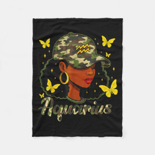 Aquarius Queen Black Woman Camo Hat Birthday Zodia Fleece Blanket