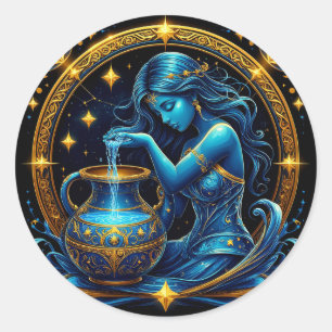 Aquarius Sign Beautiful Digital Illustration Classic Round Sticker